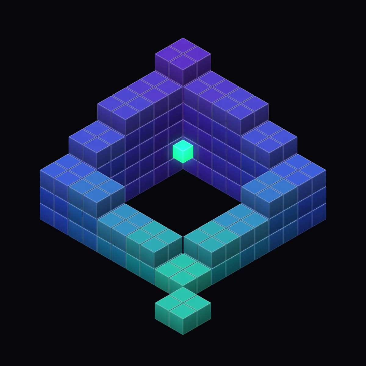 The Quantum Void Labs mark in voxels: a ring of violet-to-teal columns shaped like a Q around an open shaft, a green core floating above it.